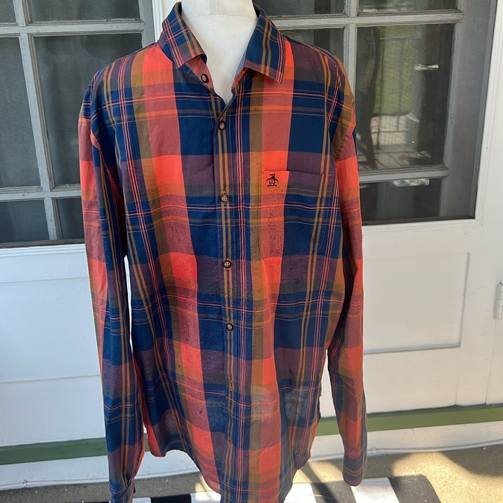 Original Penguin Navy Blue Orange Plaid Long Sleeve Slim Fit NWOT